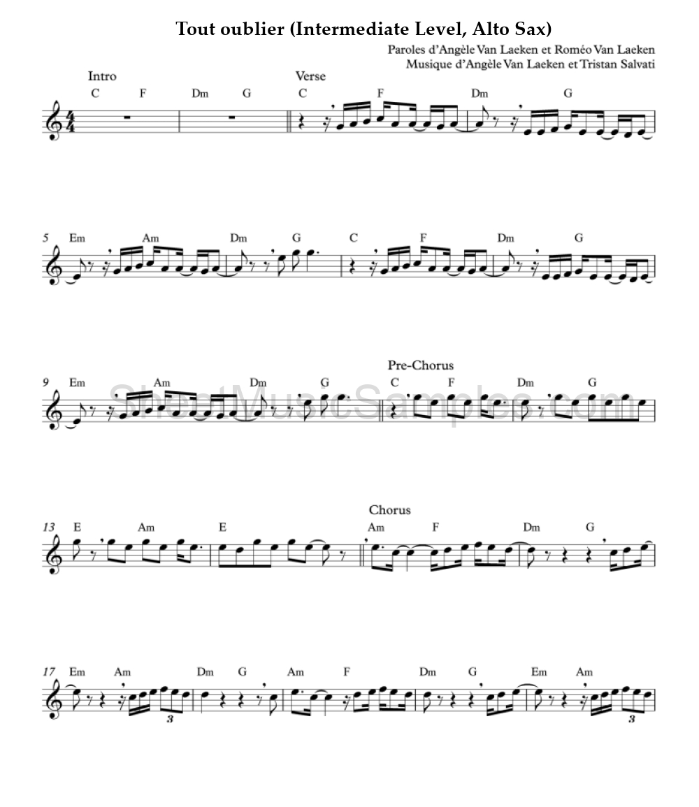 Tout oublier (Intermediate Level, Alto Sax)