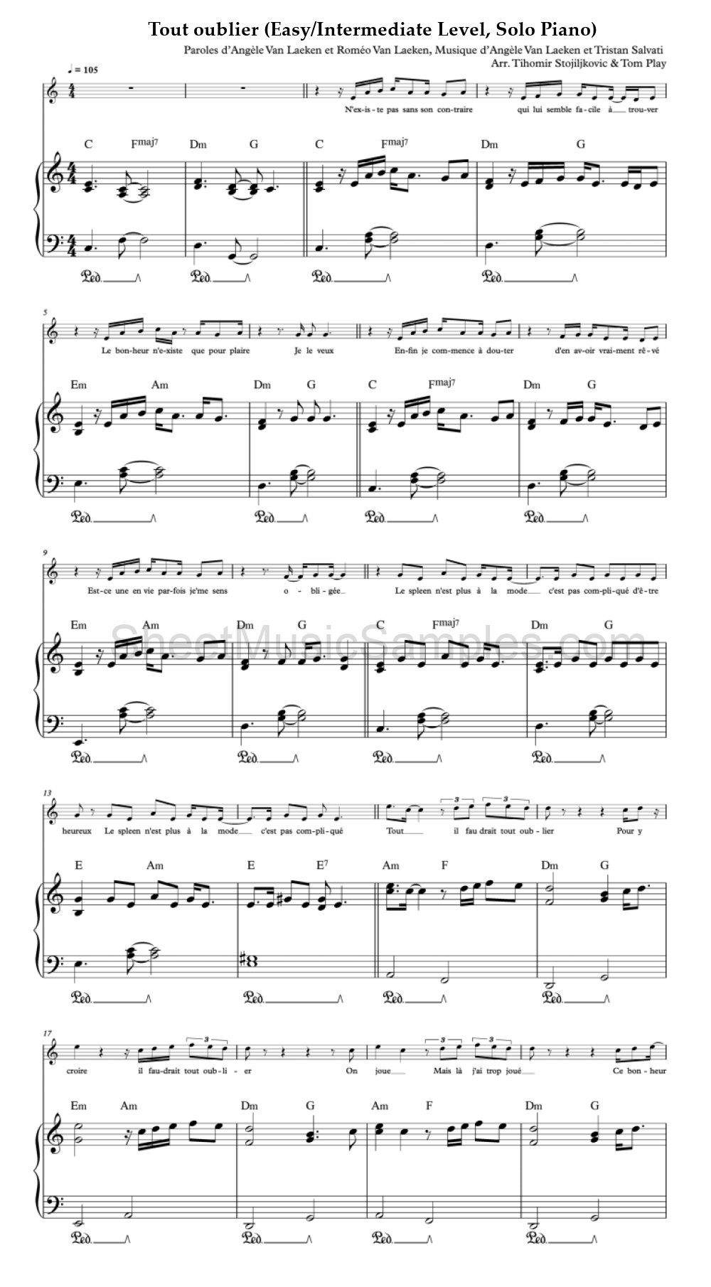 Tout oublier (Easy/Intermediate Level, Solo Piano)