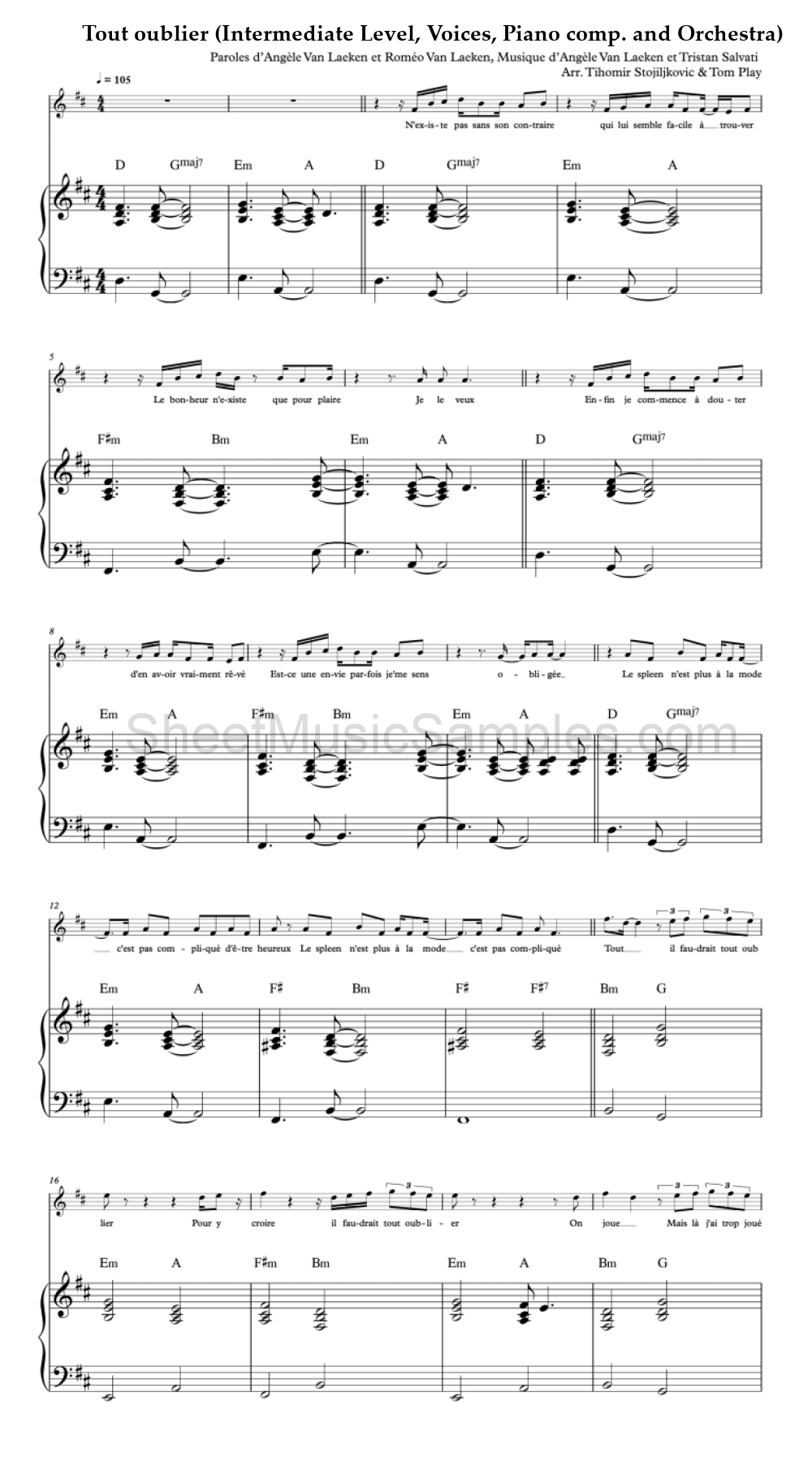 Tout oublier (Intermediate Level, Voices, Piano comp. and Orchestra)