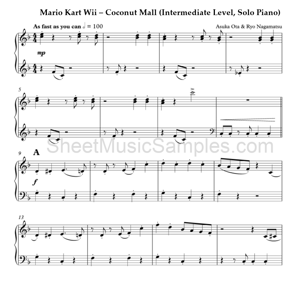 Mario Kart Wii – Coconut Mall (Intermediate Level, Solo Piano)