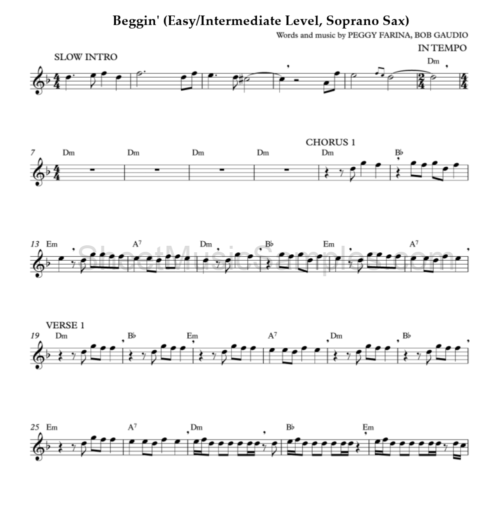 Beggin' (Easy/Intermediate Level, Soprano Sax)