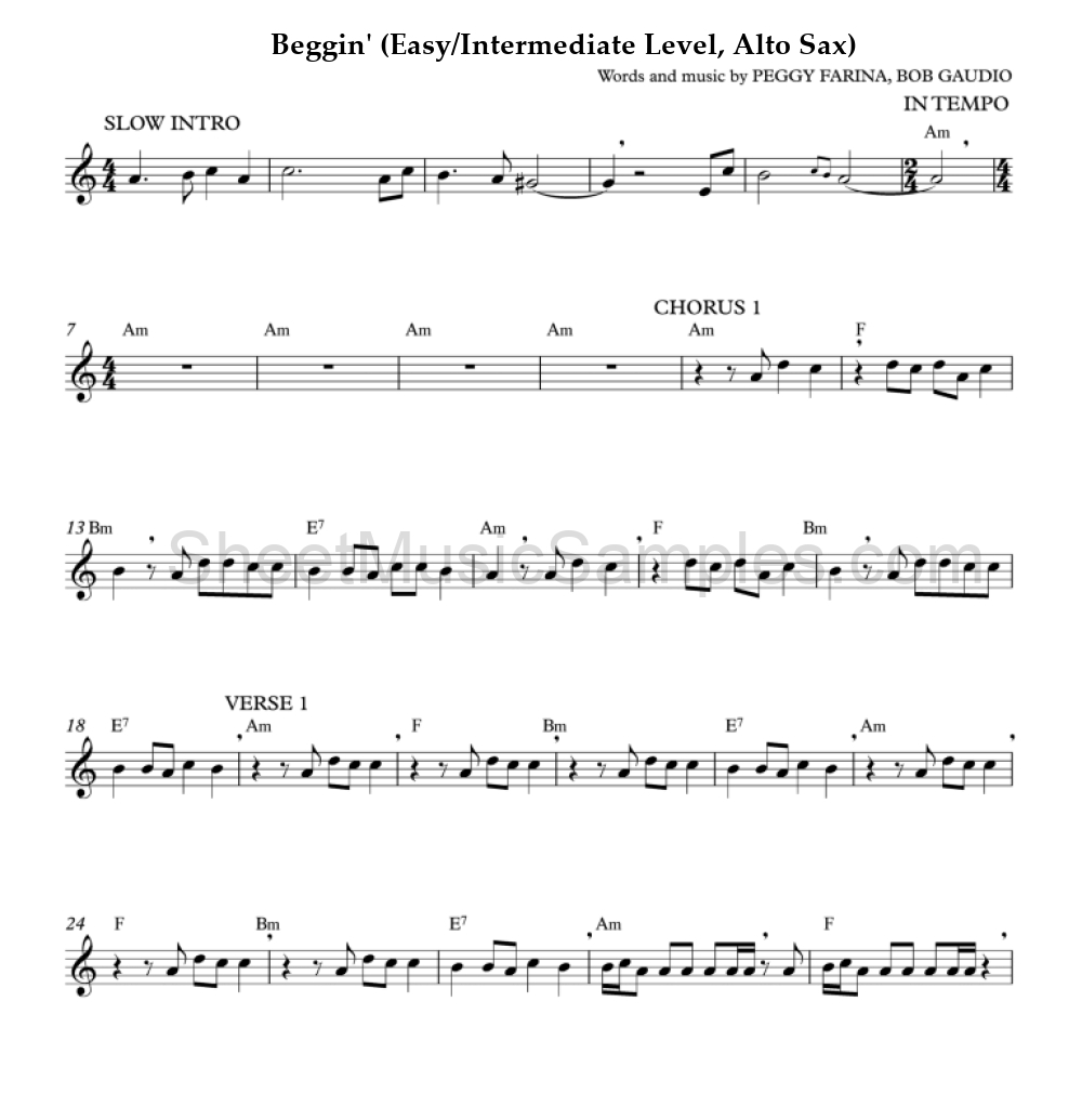 Beggin' (Easy/Intermediate Level, Alto Sax)