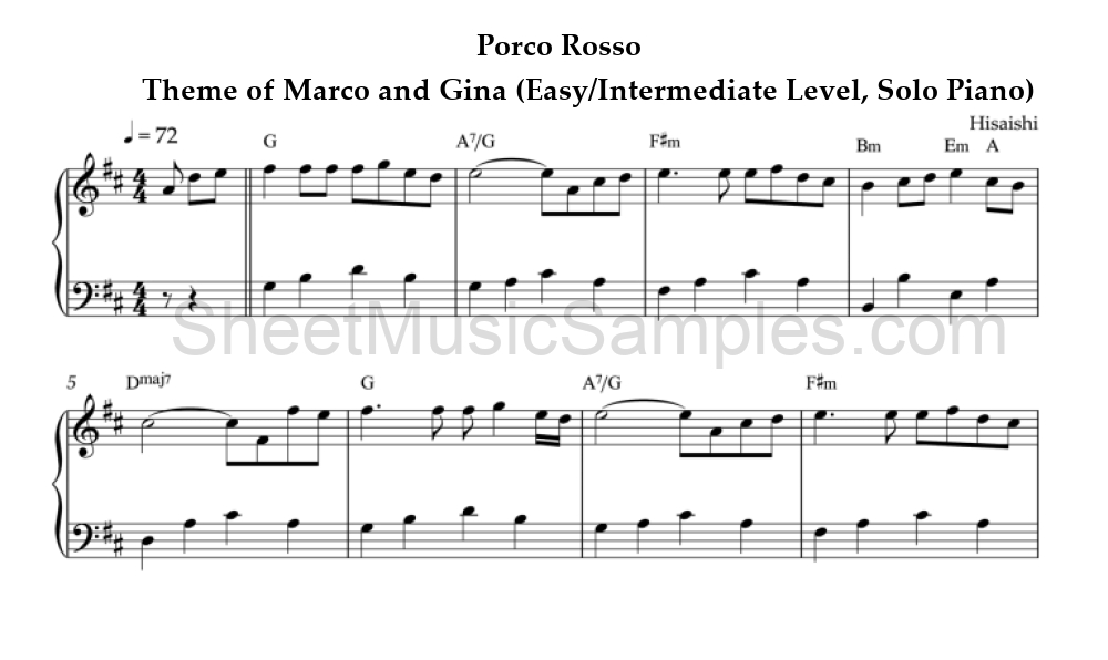 Porco Rosso - Theme of Marco and Gina (Easy/Intermediate Level, Solo Piano)