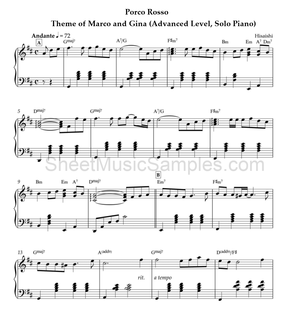 Porco Rosso - Theme of Marco and Gina (Advanced Level, Solo Piano)