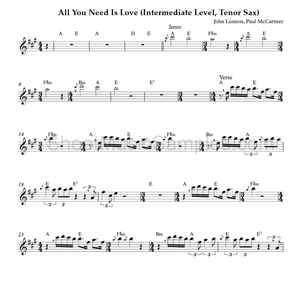 All You Need Is Love (Intermediate Level, Tenor Sax)