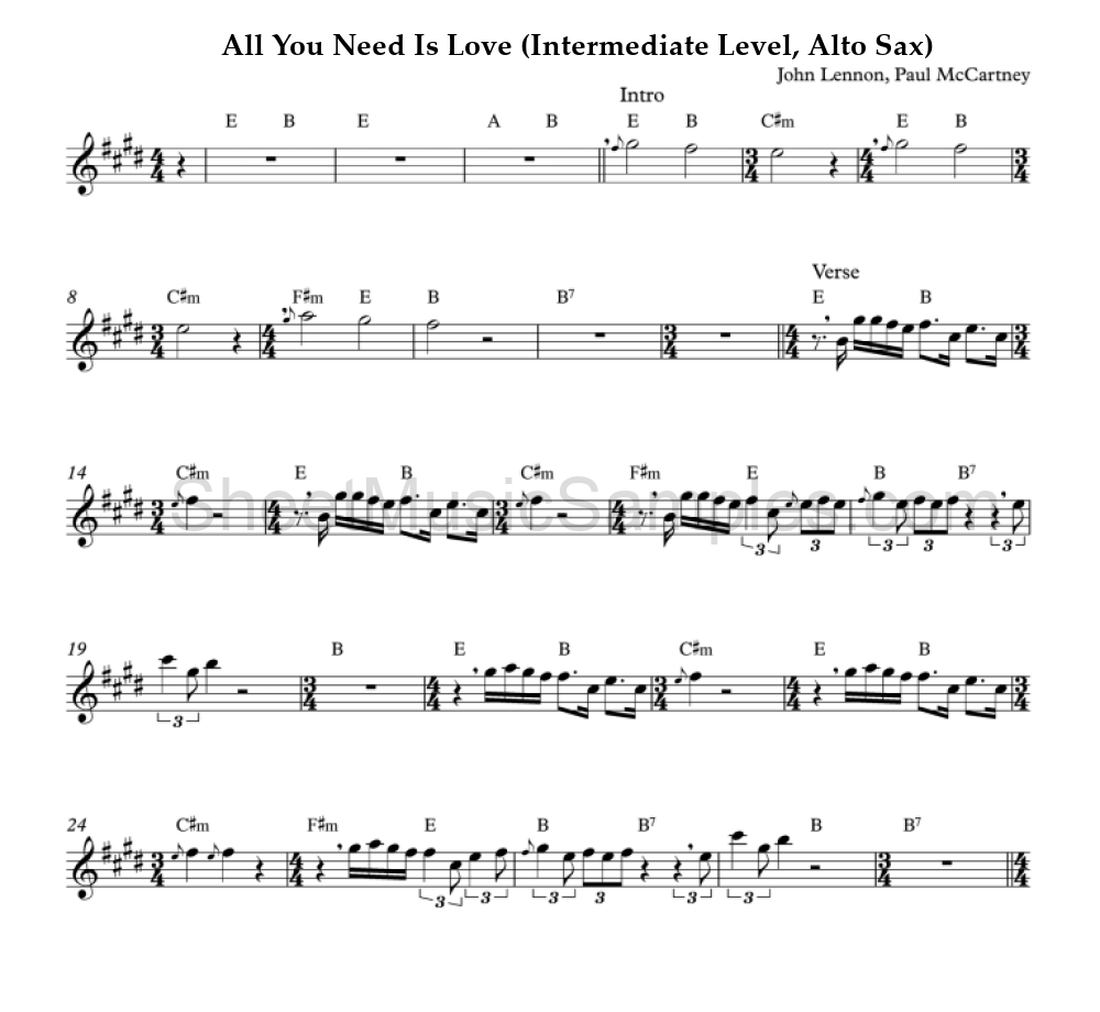 All You Need Is Love (Intermediate Level, Alto Sax)