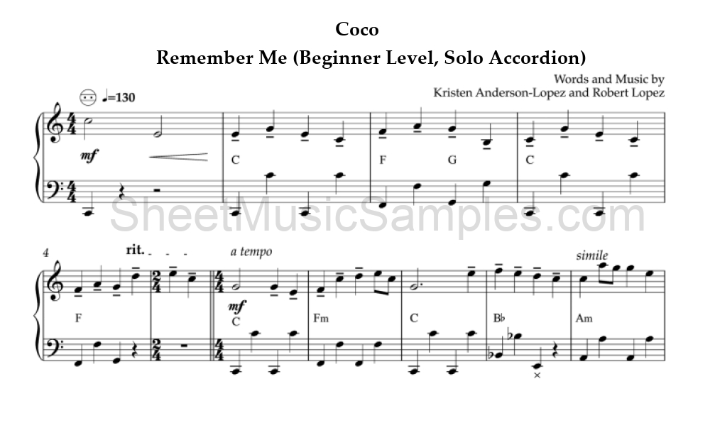 Coco - Remember Me (Beginner Level, Solo Accordion)