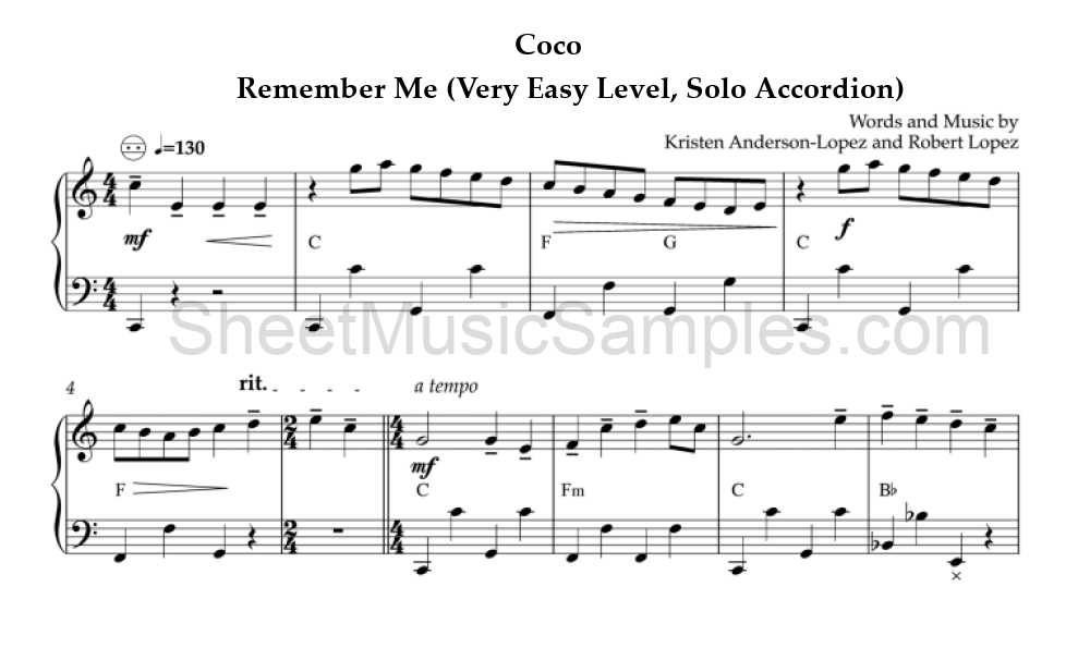 Coco - Remember Me (Very Easy Level, Solo Accordion)