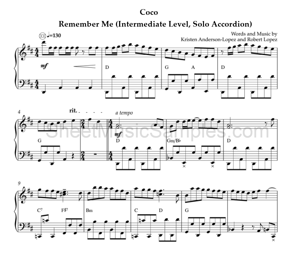 Coco - Remember Me (Intermediate Level, Solo Accordion)