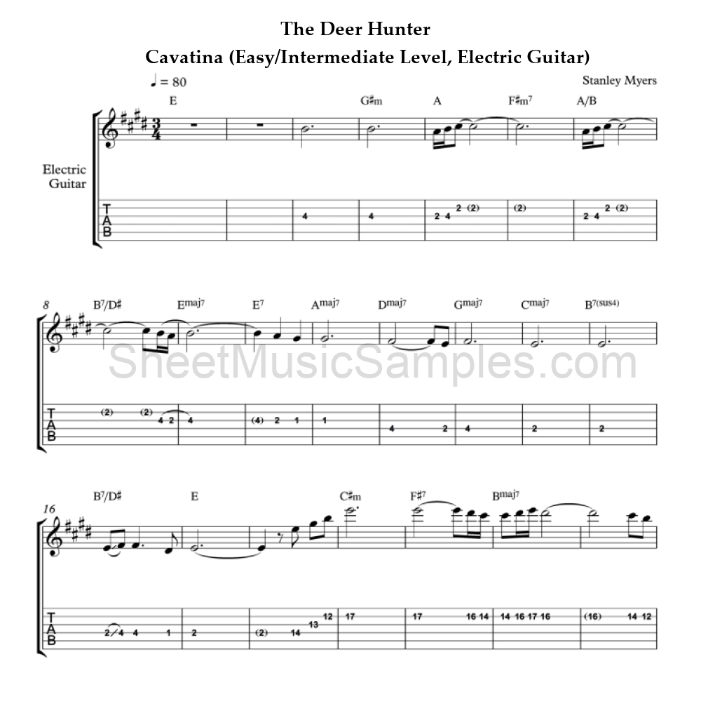 The Deer Hunter - Cavatina (Easy/Intermediate Level, Electric Guitar)