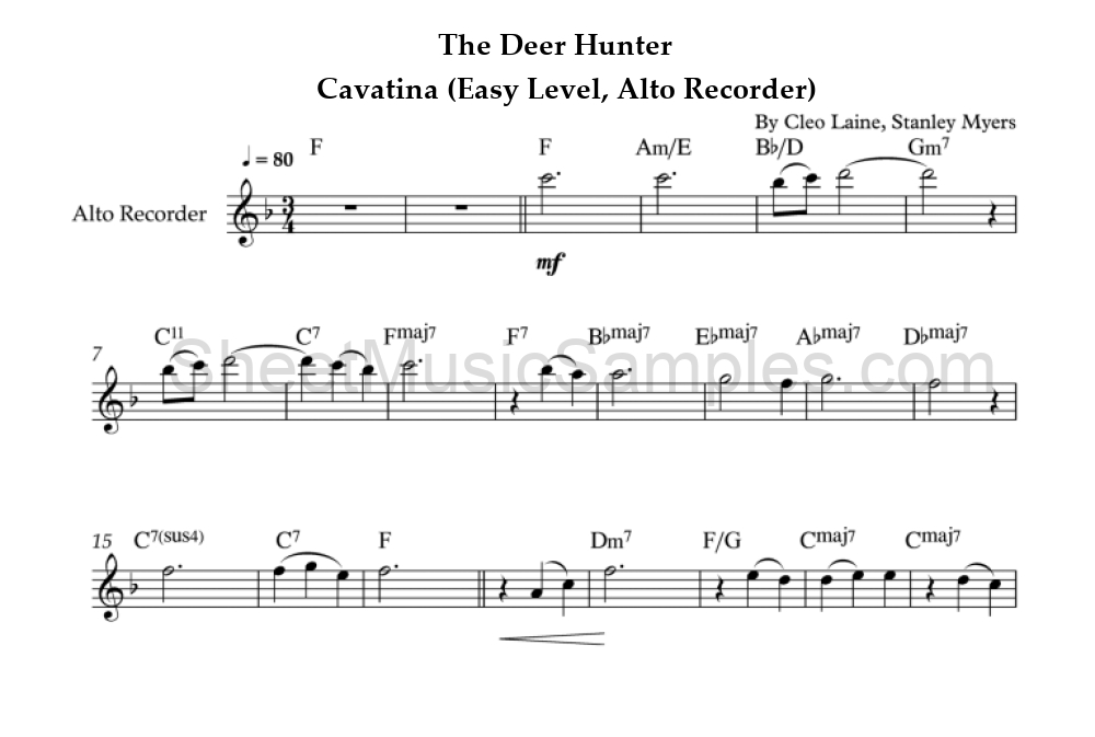 The Deer Hunter - Cavatina (Easy Level, Alto Recorder)