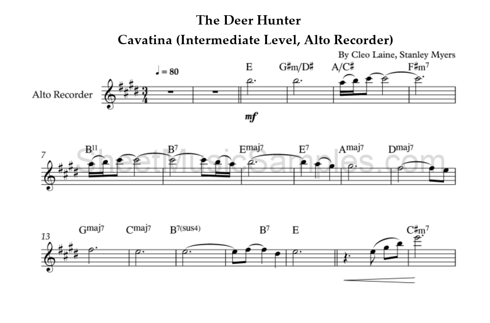 The Deer Hunter - Cavatina (Intermediate Level, Alto Recorder)