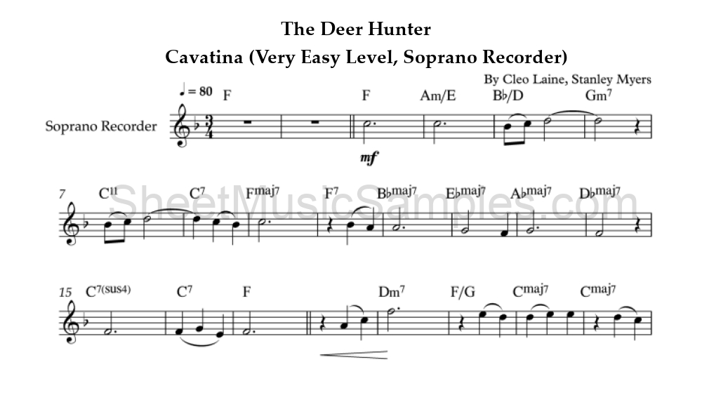 The Deer Hunter - Cavatina (Very Easy Level, Soprano Recorder)