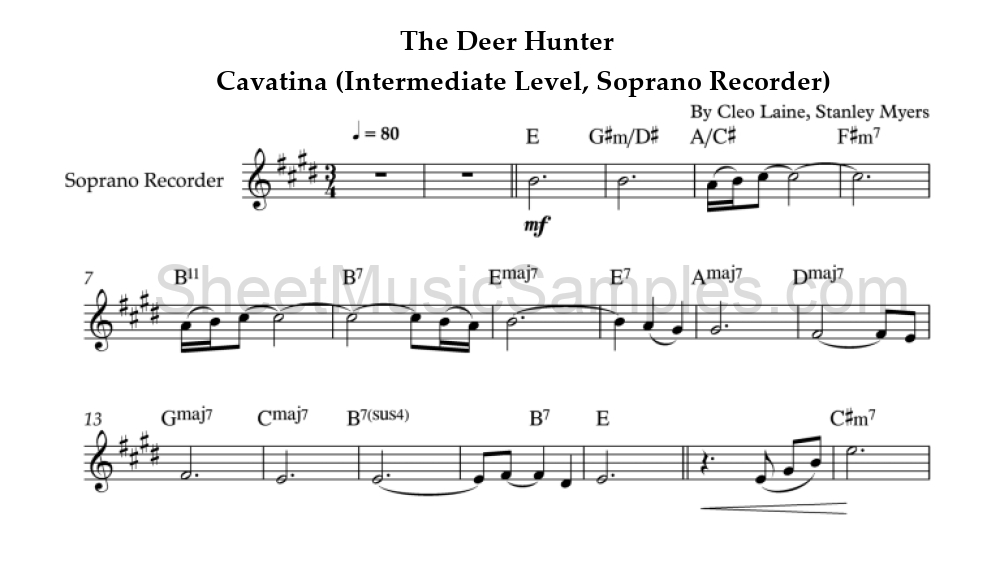 The Deer Hunter - Cavatina (Intermediate Level, Soprano Recorder)