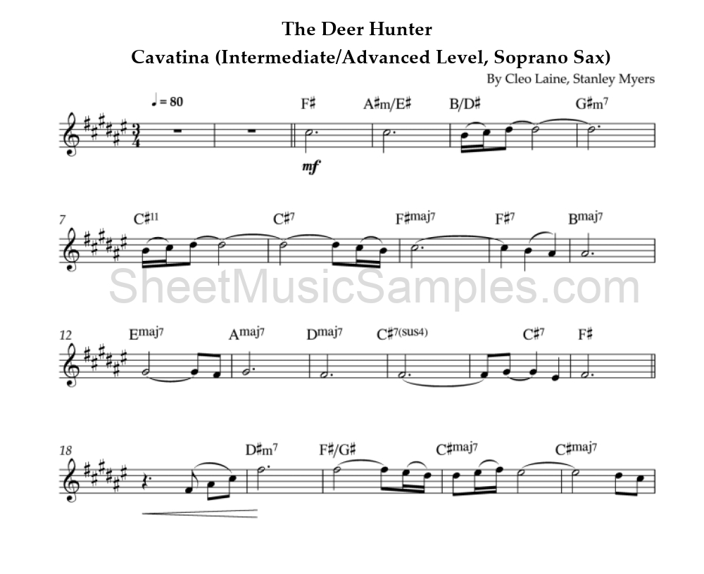 The Deer Hunter - Cavatina (Intermediate/Advanced Level, Soprano Sax)