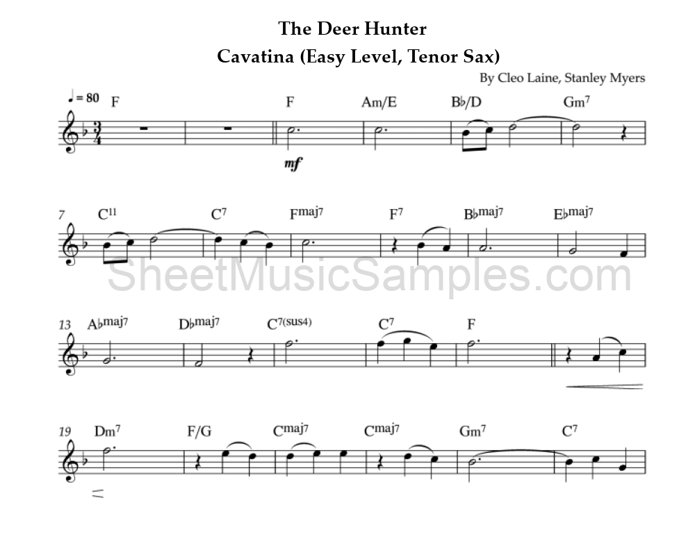 The Deer Hunter - Cavatina (Easy Level, Tenor Sax)