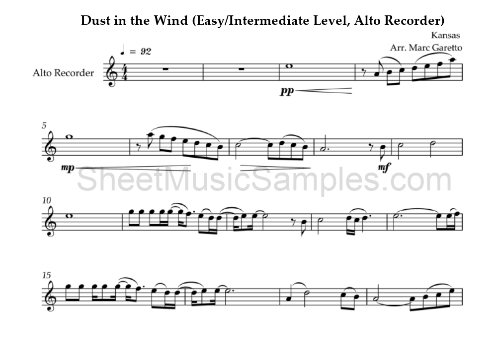 Dust in the Wind (Easy/Intermediate Level, Alto Recorder)