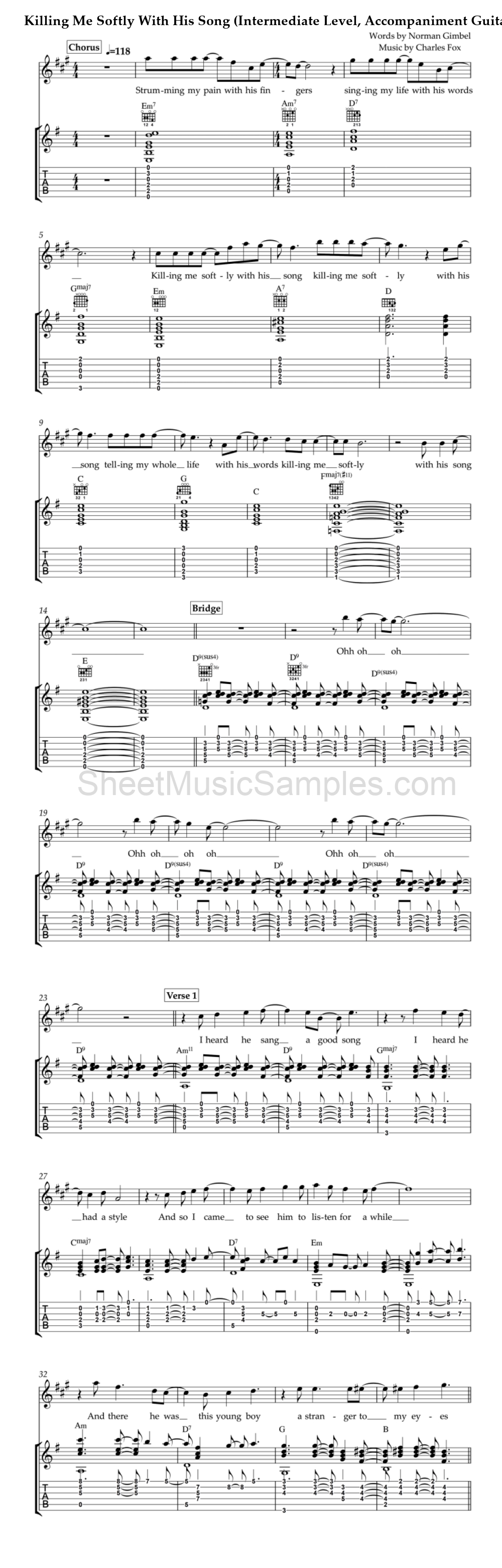 Killing Me Softly With His Song (Intermediate Level, Accompaniment Guitar)