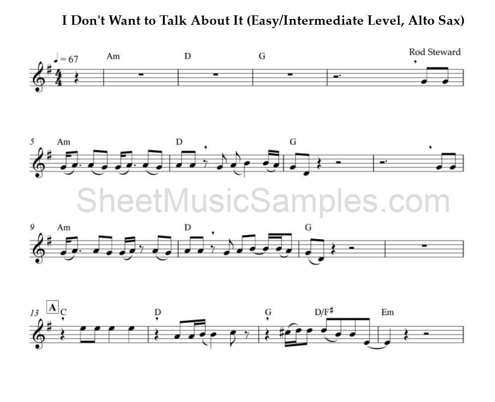 I Don't Want to Talk About It (Easy/Intermediate Level, Alto Sax)