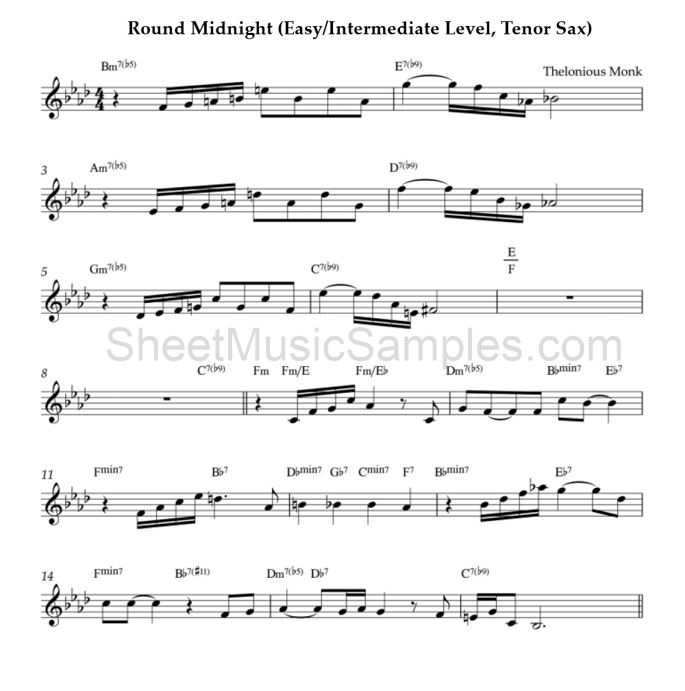 Round Midnight (Easy/Intermediate Level, Tenor Sax)