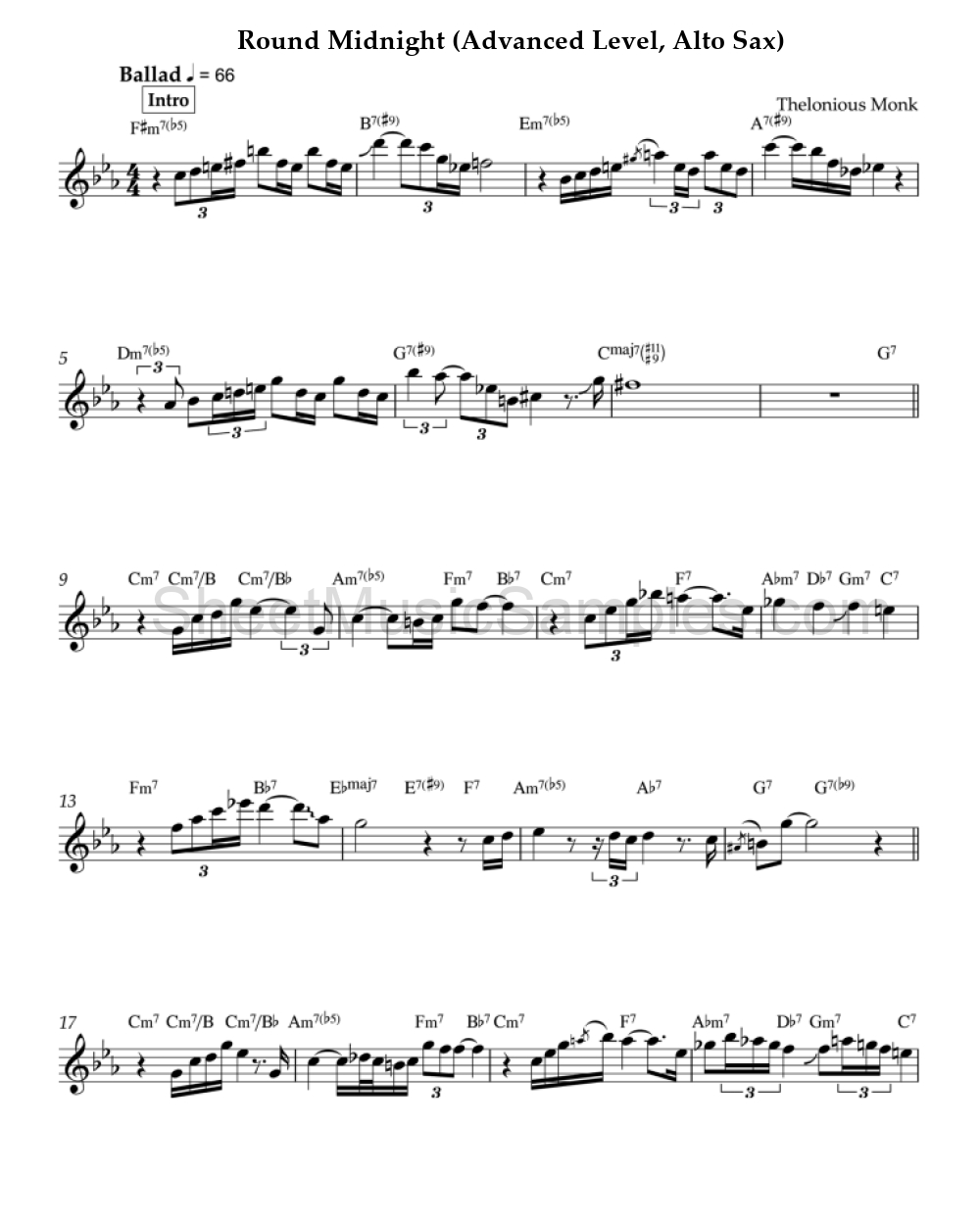 Round Midnight (Advanced Level, Alto Sax)