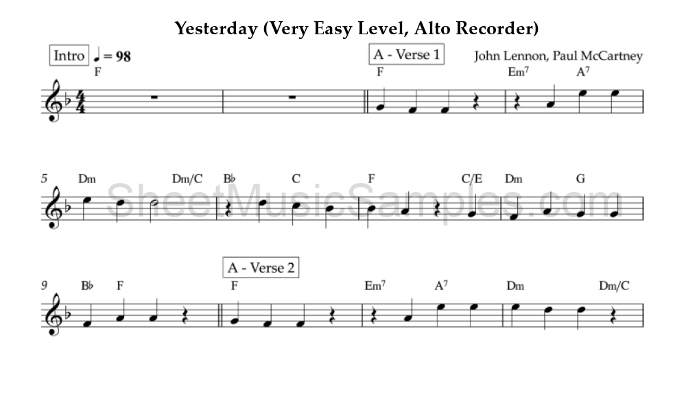 Yesterday (Very Easy Level, Alto Recorder)