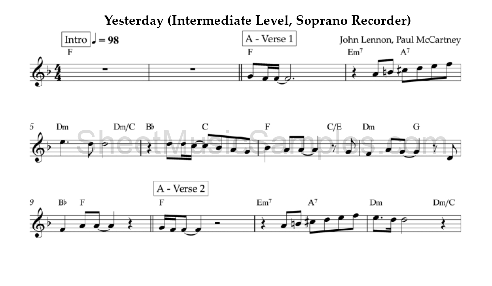 Yesterday (Intermediate Level, Soprano Recorder)