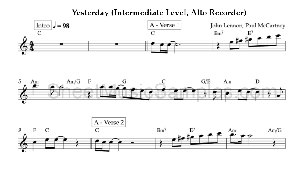 Yesterday (Intermediate Level, Alto Recorder)