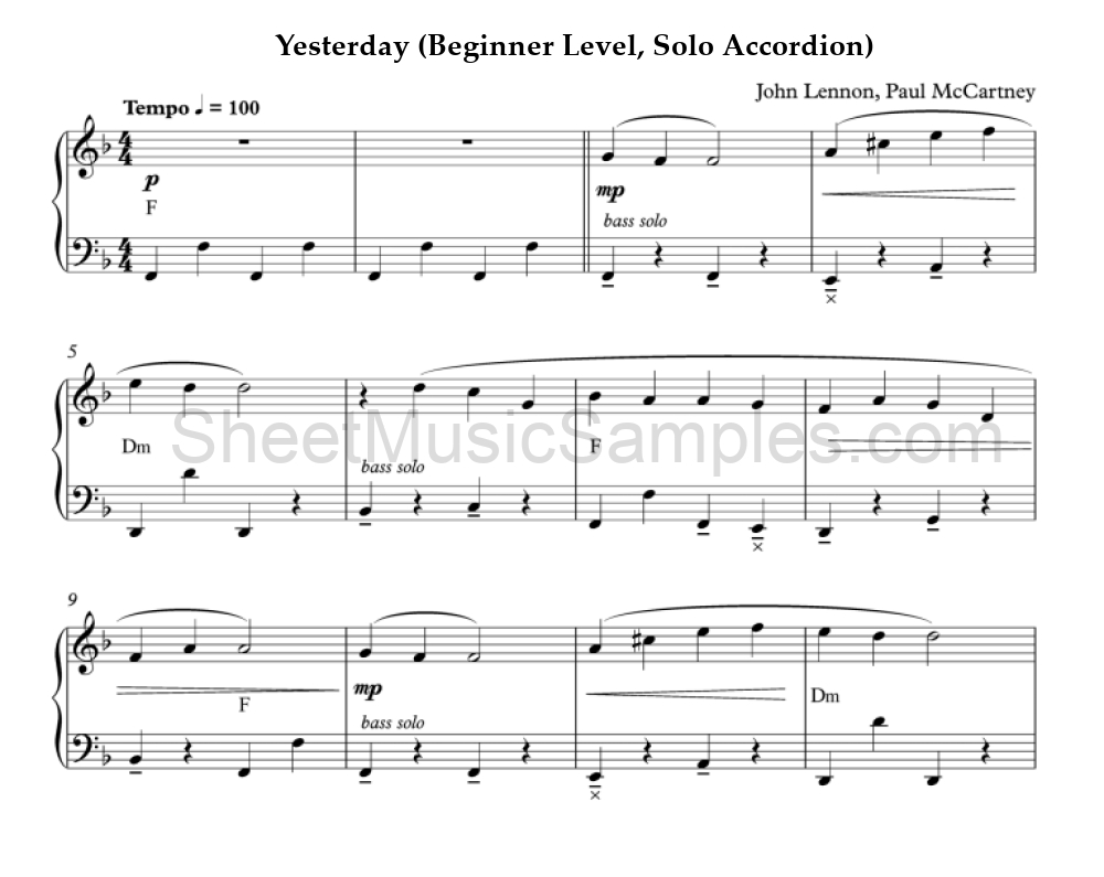 Yesterday (Beginner Level, Solo Accordion)