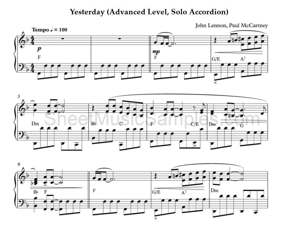 Yesterday (Advanced Level, Solo Accordion)