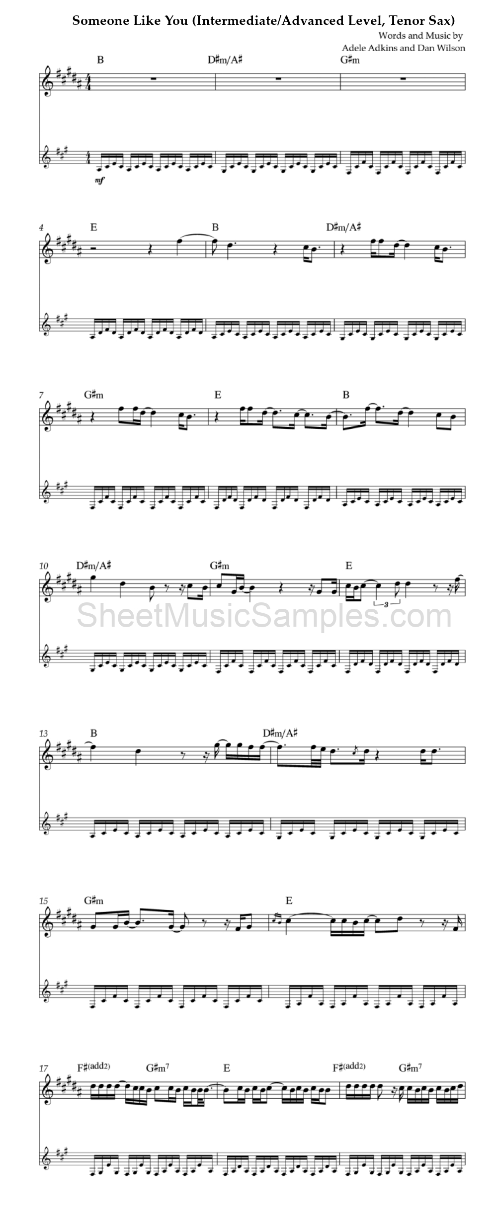 Someone Like You (Intermediate/Advanced Level, Tenor Sax)