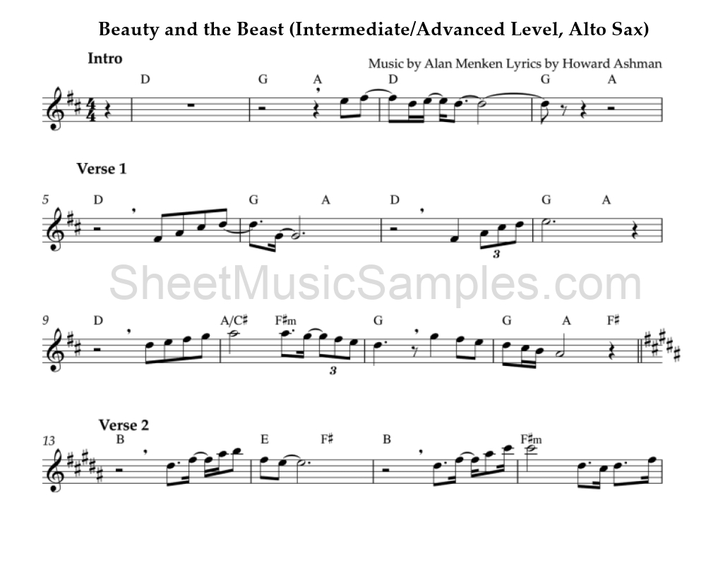 Beauty and the Beast (Intermediate/Advanced Level, Alto Sax)