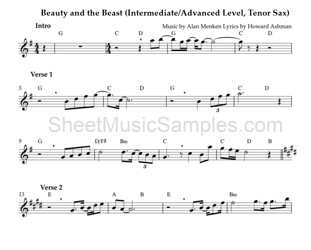 Beauty and the Beast (Intermediate/Advanced Level, Tenor Sax)