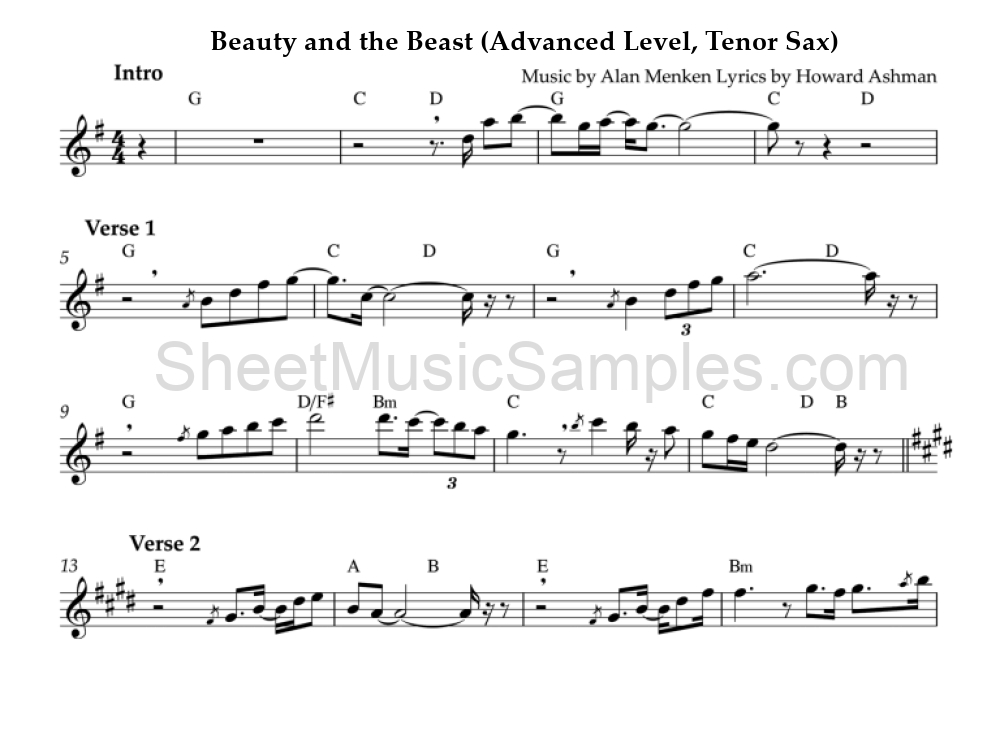 Beauty and the Beast (Advanced Level, Tenor Sax)