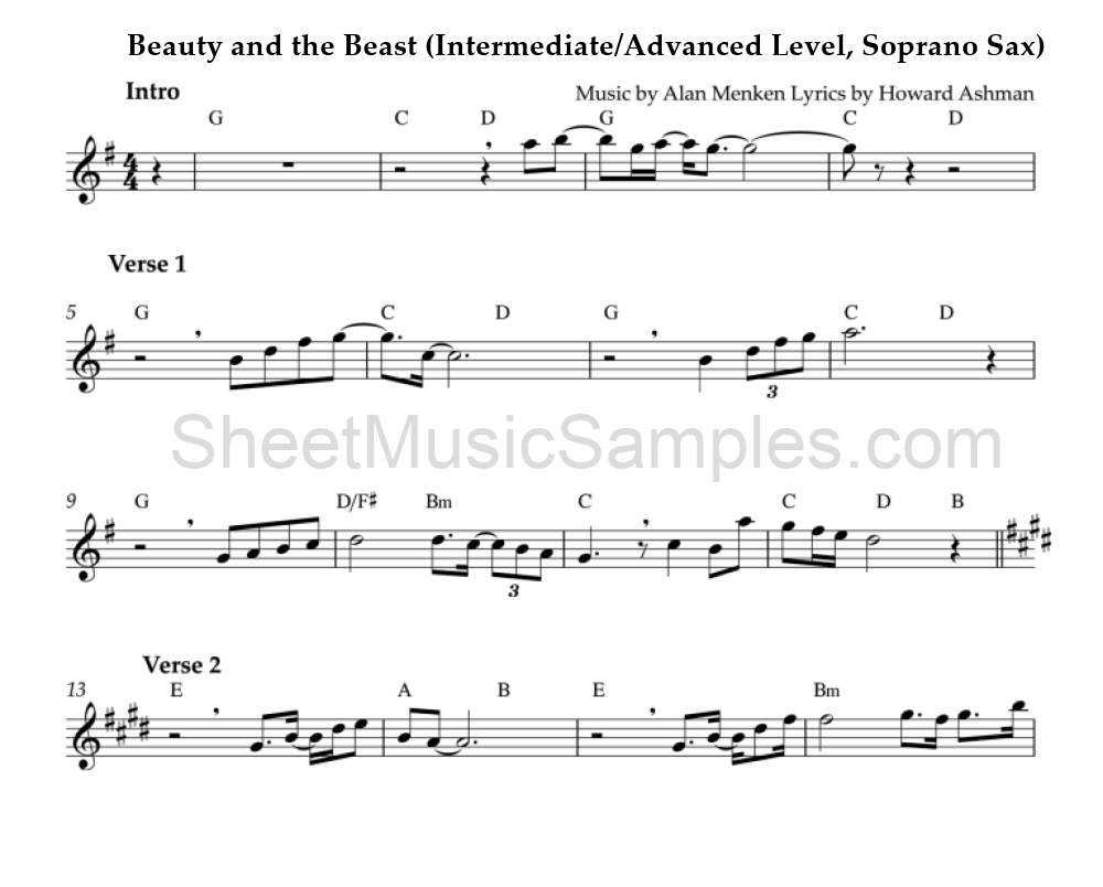 Beauty and the Beast (Intermediate/Advanced Level, Soprano Sax)