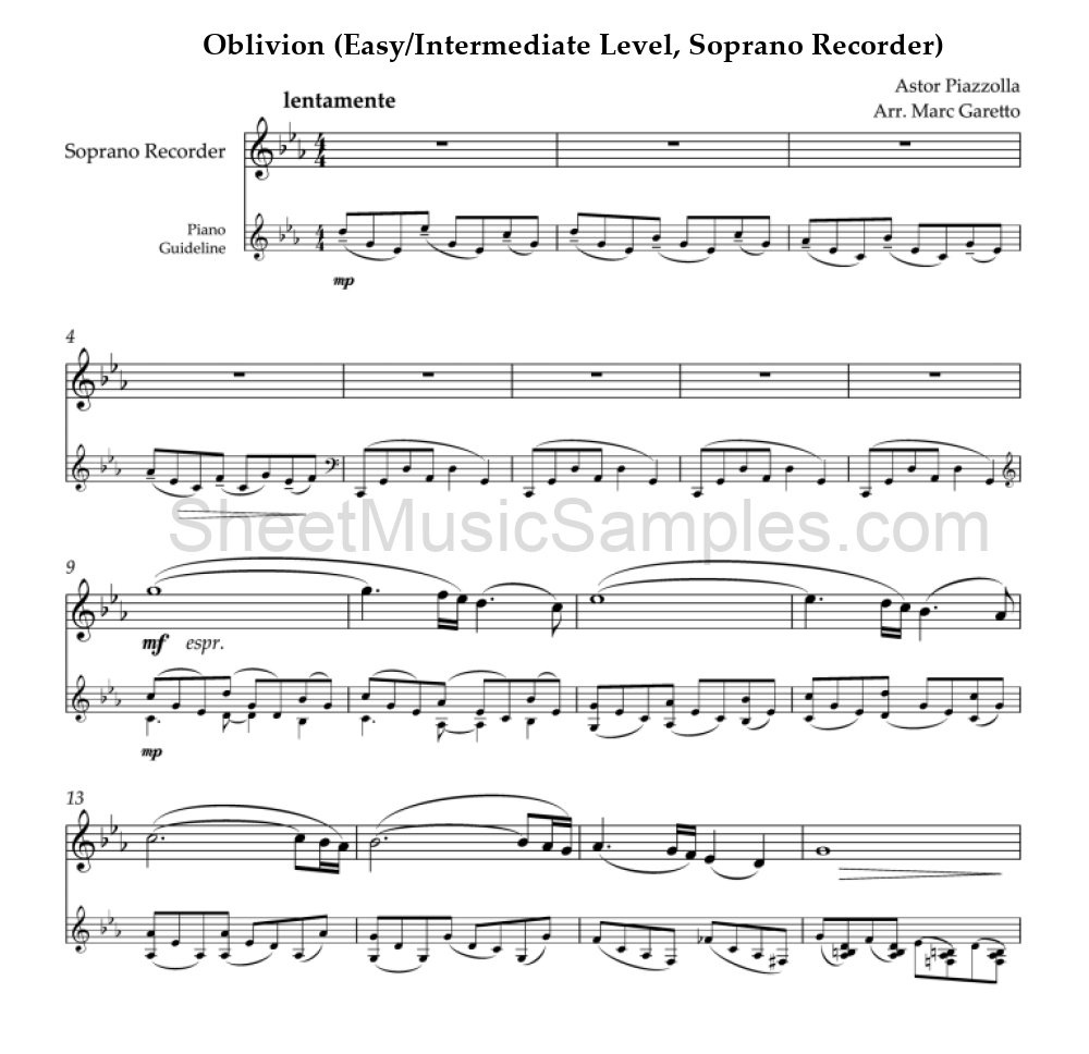 Oblivion (Easy/Intermediate Level, Soprano Recorder)