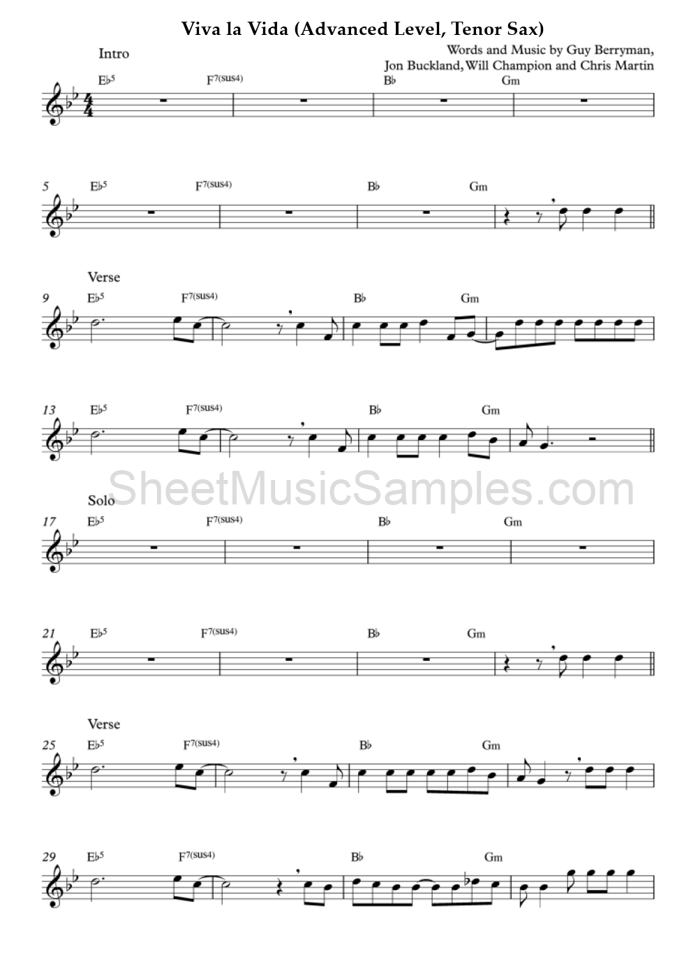 Viva la Vida (Advanced Level, Tenor Sax)