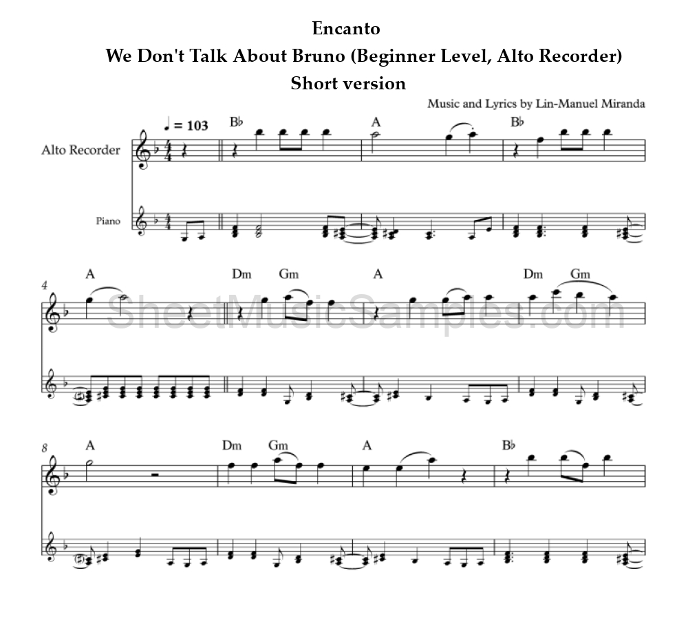 Encanto - We Don't Talk About Bruno (Beginner Level, Alto Recorder) - Short version