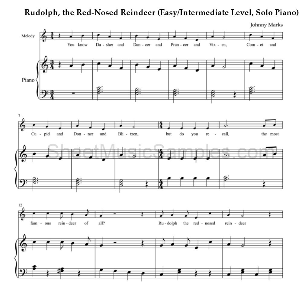 Rudolph, the Red-Nosed Reindeer (Easy/Intermediate Level, Solo Piano)