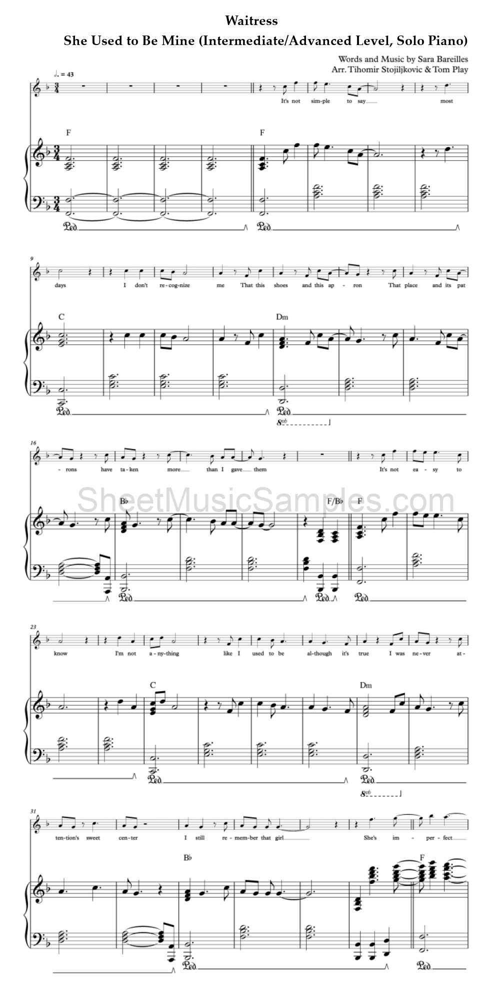 Waitress - She Used to Be Mine (Intermediate/Advanced Level, Solo Piano)