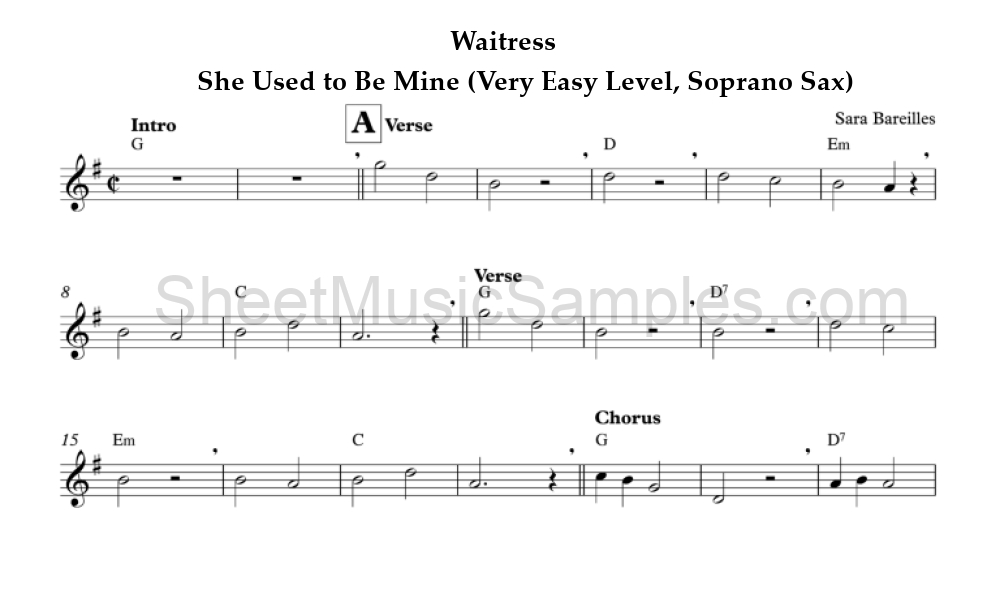 Waitress - She Used to Be Mine (Very Easy Level, Soprano Sax)