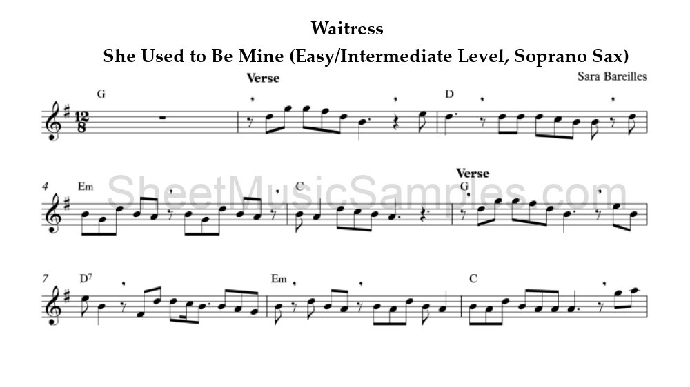 Waitress - She Used to Be Mine (Easy/Intermediate Level, Soprano Sax)