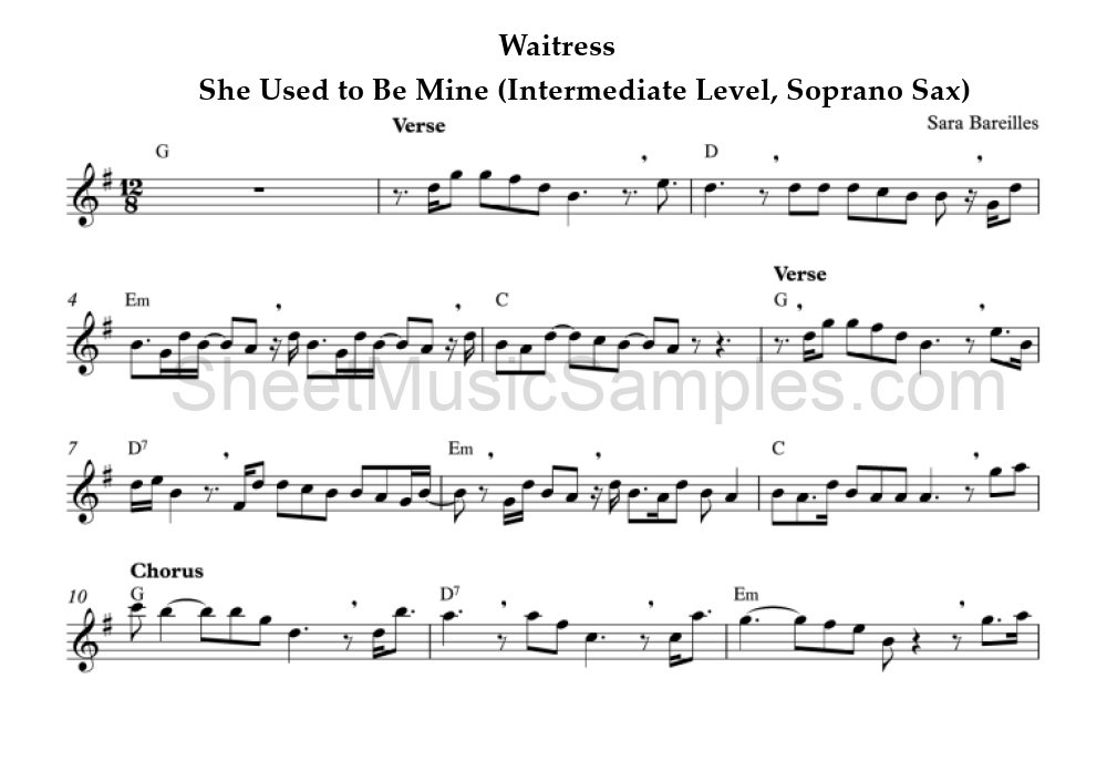 Waitress - She Used to Be Mine (Intermediate Level, Soprano Sax)