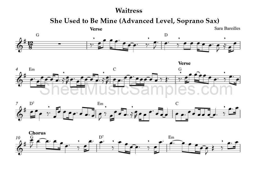 Waitress - She Used to Be Mine (Advanced Level, Soprano Sax)