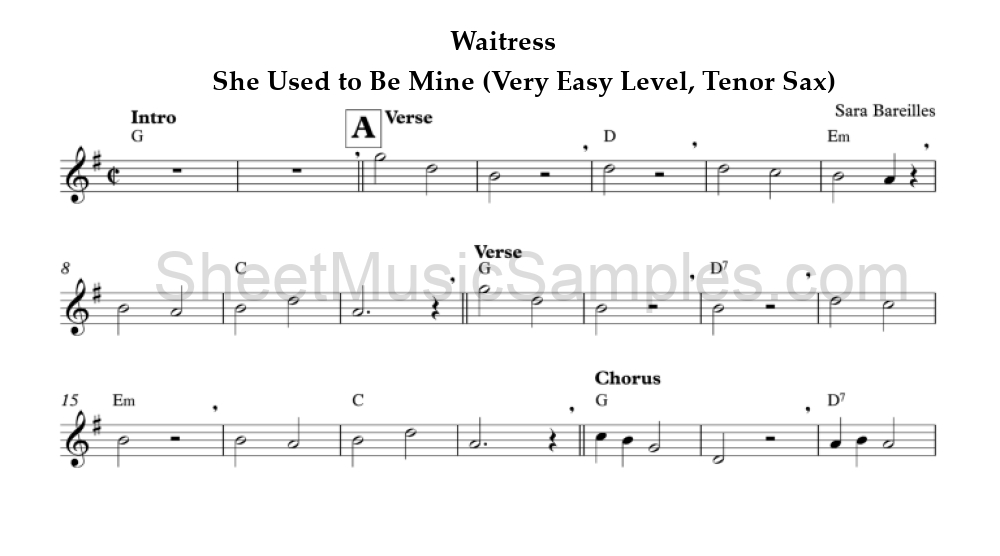 Waitress - She Used to Be Mine (Very Easy Level, Tenor Sax)