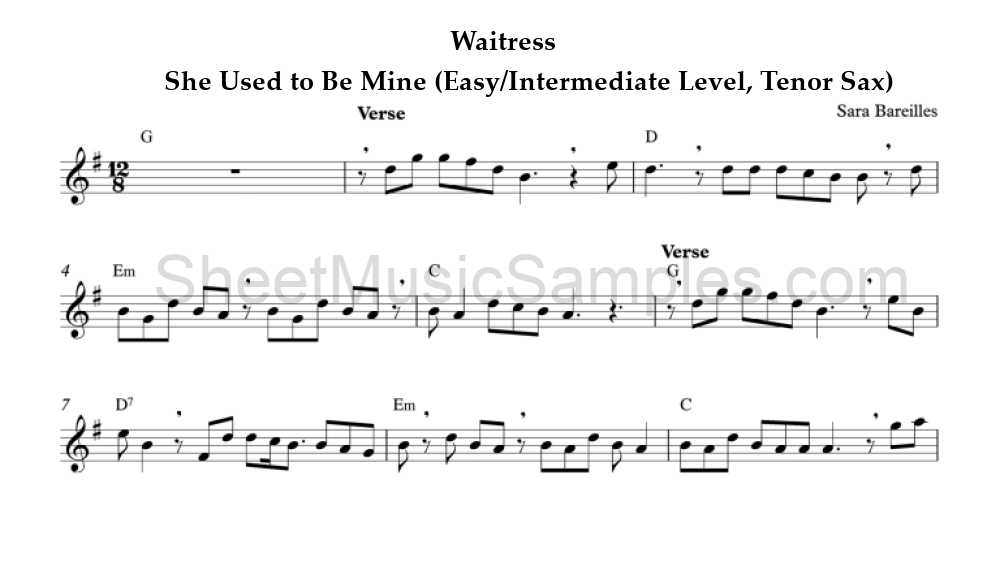 Waitress - She Used to Be Mine (Easy/Intermediate Level, Tenor Sax)