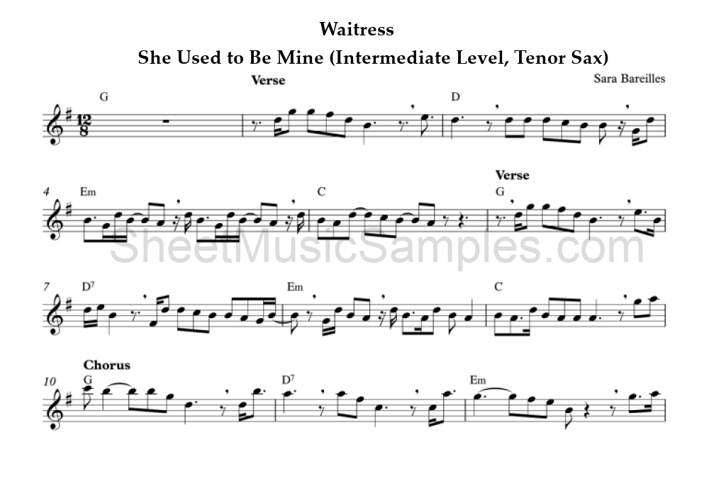 Waitress - She Used to Be Mine (Intermediate Level, Tenor Sax)