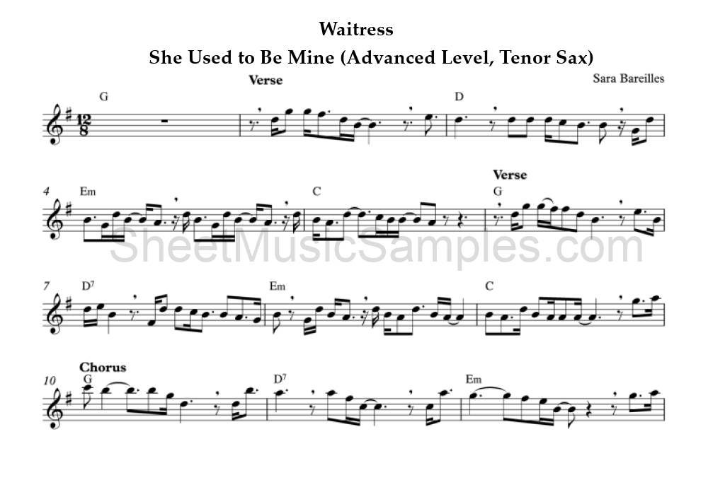 Waitress - She Used to Be Mine (Advanced Level, Tenor Sax)