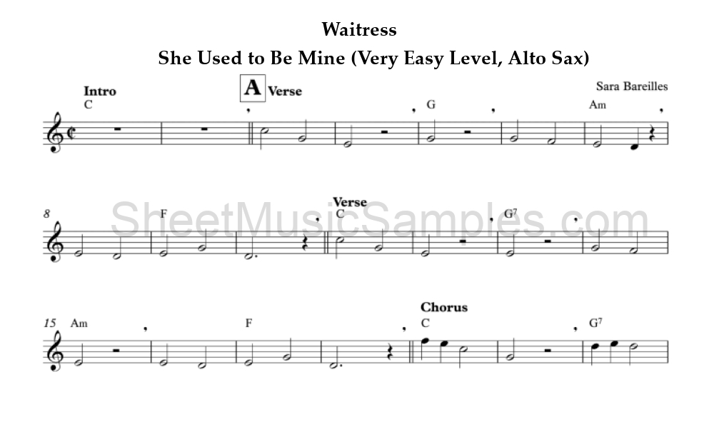 Waitress - She Used to Be Mine (Very Easy Level, Alto Sax)