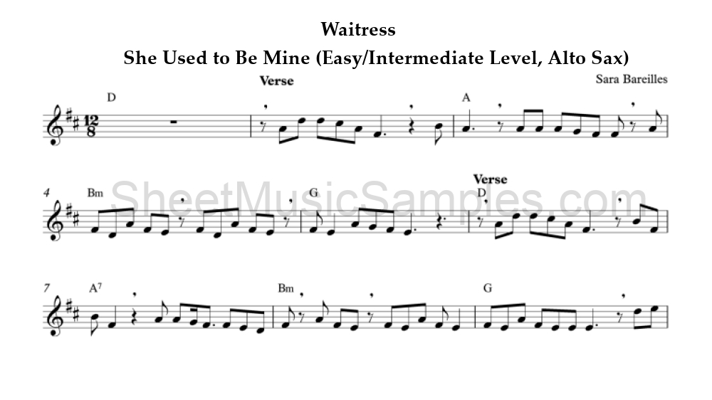 Waitress - She Used to Be Mine (Easy/Intermediate Level, Alto Sax)